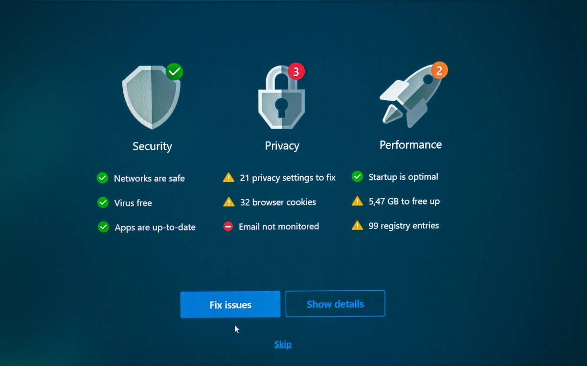 Security, privacy, and performance status with fix options