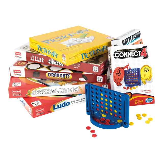 Collection of classic board games including Pictionary, Chess, Draughts, Snakes and Ladders, Ludo, Connect 4, and Battleship
