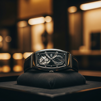 Luxury black exclusive designer watches for men with leather strap displayed on cushion in elegant setting