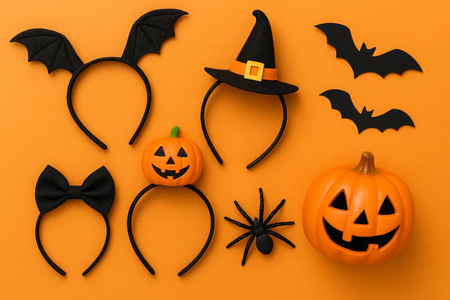 Halloween costume accessories including bat wings, witch hat, pumpkin headbands, spider, and jack-o-lantern on orange background