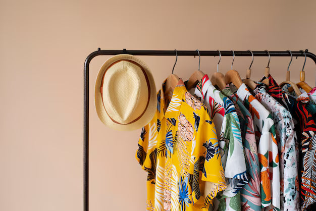 Rack of colorful trendy clothing for men and women including tropical print shirts and a straw hat