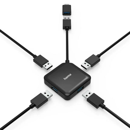 Hama 4 Port USB Expansion Hub, USB 3.2 Gen 1, 5 Gbit/s + USB-C Adapter