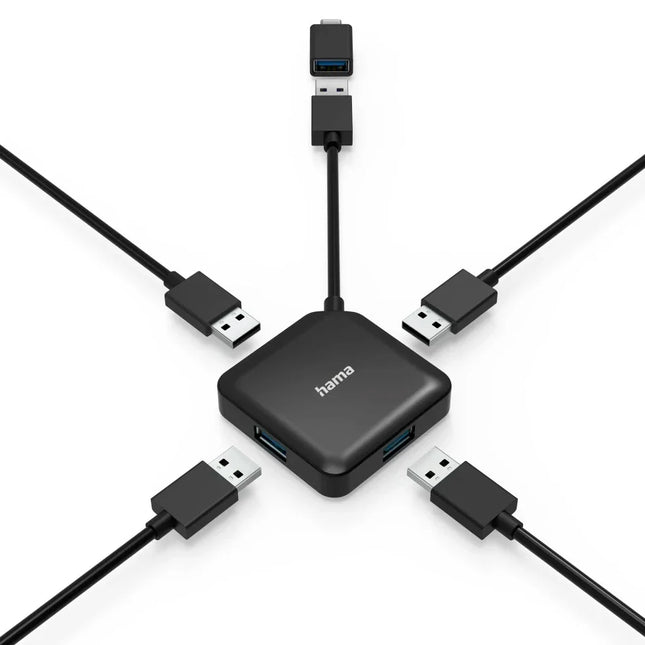 Hama 4 Port USB Expansion Hub, USB 3.2 Gen 1, 5 Gbit/s + USB-C Adapter