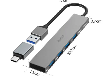 Hama Slim 4-Port USB-C 3.2 Hub, 5 Gbit/s with USB-C Adapter