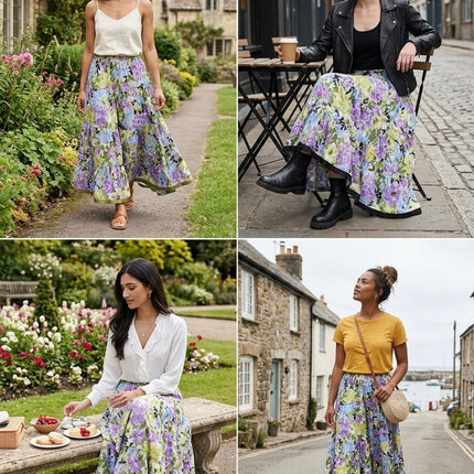 Blackfever Women's Purple & Green Floral Tiered Maxi Skirt - 100% Cotton