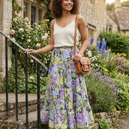 Blackfever Women's Purple & Green Floral Tiered Maxi Skirt - 100% Cotton