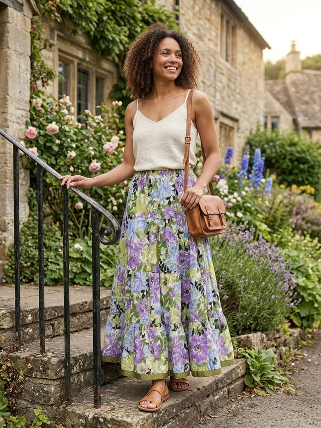 Blackfever Women's Purple & Green Floral Tiered Maxi Skirt - 100% Cotton