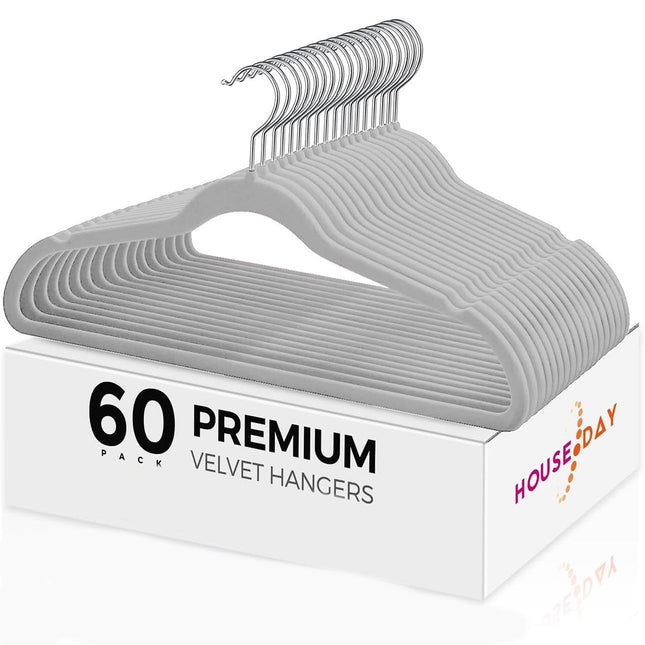 HOUSE DAY 60-Pack Grey Velvet Hangers, Non-Slip, Space-Saving, 360° Rotating