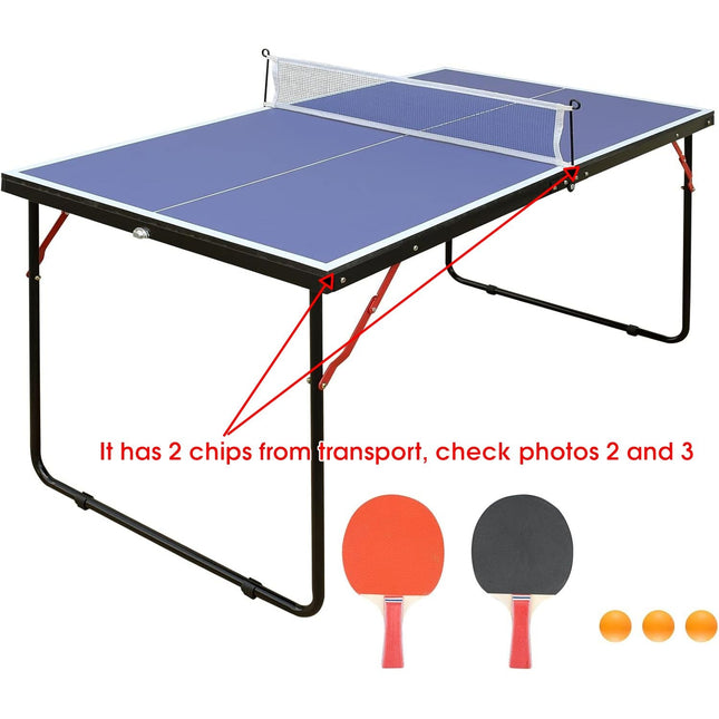 REXOUS Midsize Folding Ping Pong Table Game Set 2 Paddles 3 Balls, Net 30''x54''