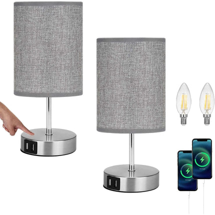 Lightess 2x Touch Bedside Lamps Grey, USB, Dimmable, E14 Bulbs Included