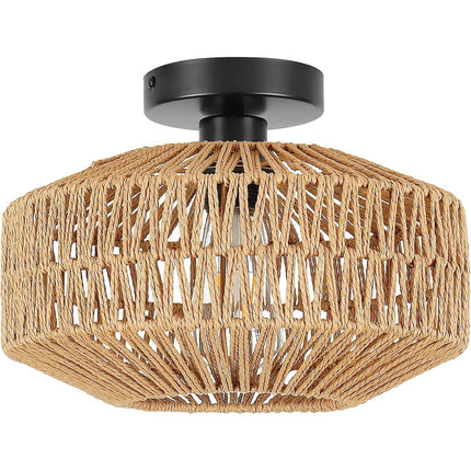 Schindora Boho Rattan Ceiling Light – E27 Rustic Braided Lamp Shade