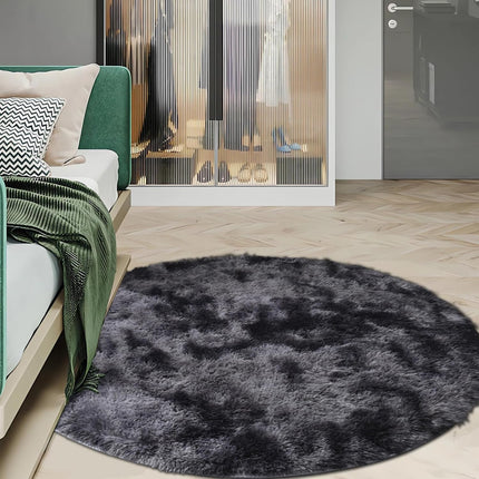 Grey Round Shag Rug 120cm Fluffy Faux Fur Soft Carpet Dark Grey ConCusT