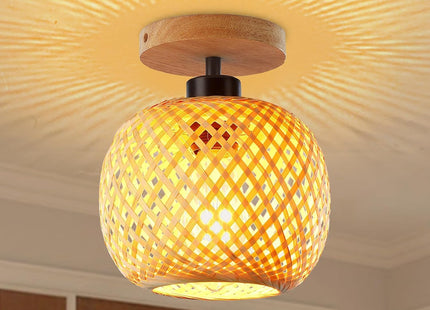 Bamboo Ceiling Light Boho Rattan Semi Flush Mount Farmhouse Fixture Mini Size