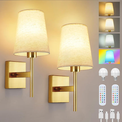 Lightsjoy 2x Rechargeable RGB Wall Lights – Gold Cordless Sconces with Remote