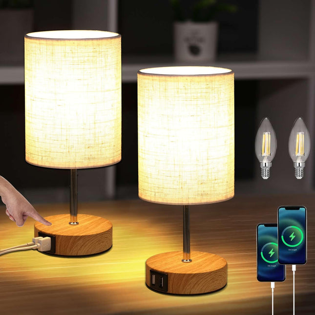Lightess 2x Touch Bedside Lamps with USB, E14 Bulbs, Fabric Shade – Wood Round