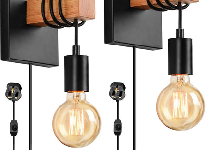 Lightess 2-Pack Plug-In Wall Lights – Dimmable Wood Sconces with Switch Black