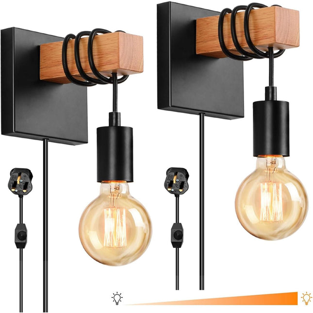 Lightess 2-Pack Plug-In Wall Lights – Dimmable Wood Sconces with Switch Black