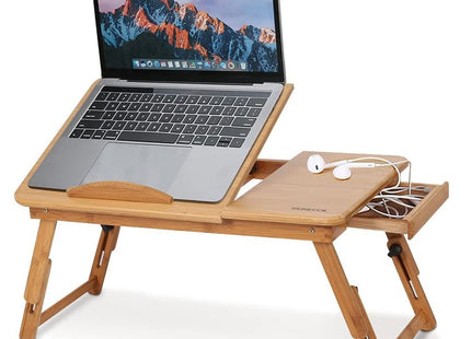 Bamboo Laptop Desk Adjustable Bed Tray with Drawer Cup Slot and Vent Ejoyous