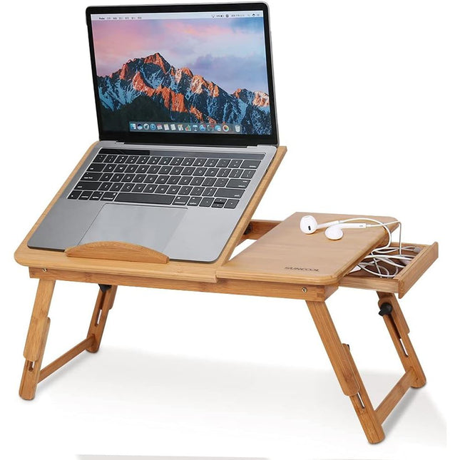 Bamboo Laptop Desk Adjustable Bed Tray with Drawer Cup Slot and Vent Ejoyous
