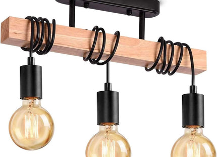 Lightess 3-Head Black Wood Pendant Light – Vintage Semi Flush Ceiling Fixture