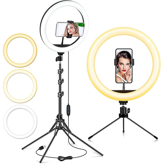 LIPETY 13'' Selfie Ring Light with Tripod, Phone Holder, 3-Color Dimmable LED