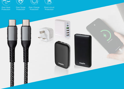 Maplin USB-C to USB-C 60W PD Braided Cable - Silver