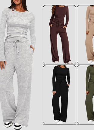 2 Pieces Women's Suit Autumn Winte Long Sleeve Tops High Waisted Wide Leg Pants Sportswear Female Clothes Solid Color Casual Suit