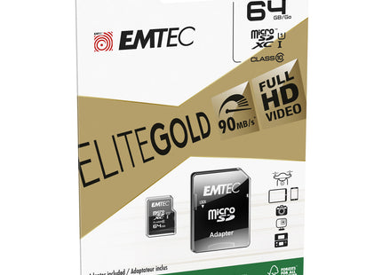 EMTEC 64GB UHS-I U1 EliteGold MicroSD Memory Card with Adapter