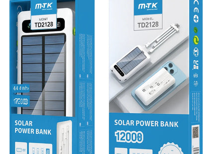 12000mAh Power Bank with Solar Panel Micro USB, iPhone, Type-C, and USB With LED