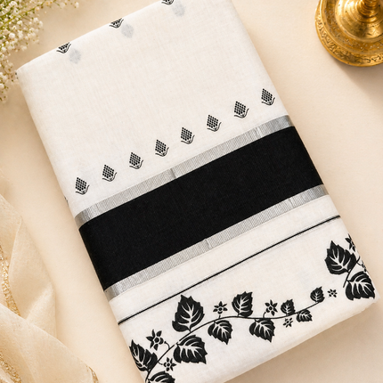 Contemporary Kerala Kasavu Saree – Off-White with Black Border & Floral Design