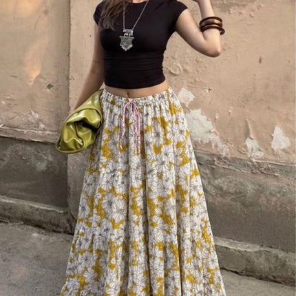 Blackfever Women's Tiered Floral Maxi Skirt - 100% Cotton, Mustang Yellow & White