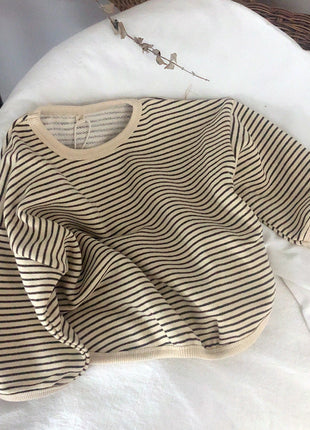 Boys And Girls T-Shirts With Striped Round Neck And Inner Bottoming Shirt Pullover Loose Loose