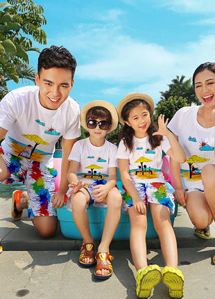 Beach Family Matching Outfits Mother Daughter Father Son Mommy and Me Clothes Cotton T-shirt Quick Dry Shorts Clothing Set