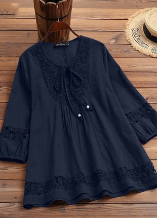 Cotton And Linen Stitching Lace 34 Sleeve Loose Women's Top T-shirt