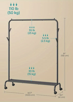 Clothes Rail, Clothes Rack, Single Clothes Hanging Rail, Heavy-Duty Metal Frame, with Wheels and Shelf, 50 kg Total Max. Load, 103. 5 cm Wide, Clothing Storage