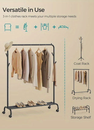 Clothes Rail, Clothes Rack, Single Clothes Hanging Rail, Heavy-Duty Metal Frame, with Wheels and Shelf, 50 kg Total Max. Load, 103. 5 cm Wide, Clothing Storage