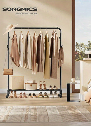 Clothes Rail, Clothes Rack, Single Clothes Hanging Rail, Heavy-Duty Metal Frame, with Wheels and Shelf, 50 kg Total Max. Load, 103. 5 cm Wide, Clothing Storage