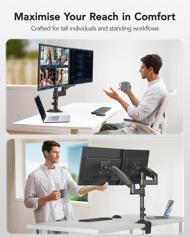 HUANUO Taller Dual Monitor Stand 13–32", Long Arms, VESA 75/100