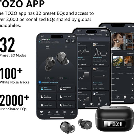 Hybrid Active Noise Cancelling Wireless Earbuds 59H Playtime IPX8 TOZO