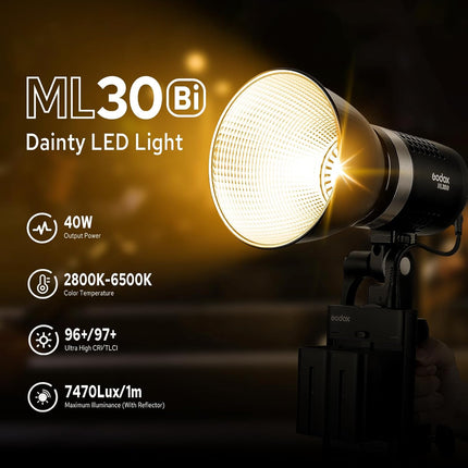 Godox ML30Bi 40W Bi-Color LED Video Light 2800-6500K FX Effects APP & Silent Mode