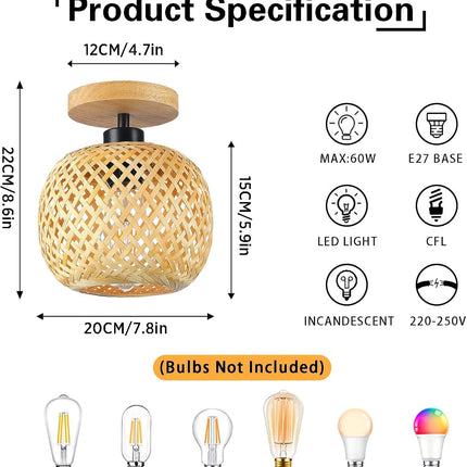 Schindora Bamboo Ceiling Light, Mini Boho Flush Mount Rattan Fixture