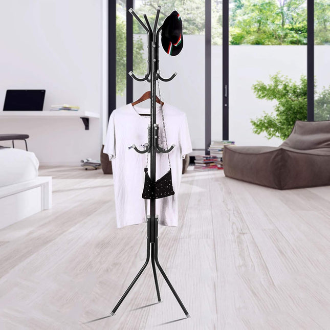 Steel Standing Coat Rack – 12 Hooks, Triangle Base, 68.5in Tall – Black