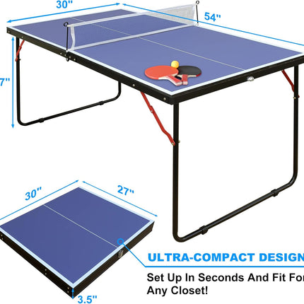 REXOUS Midsize Folding Ping Pong Table Game Set 2 Paddles 3 Balls, Net 30''x54''