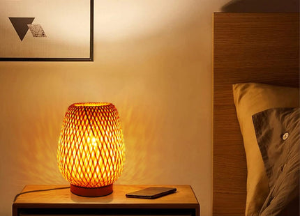 Schindora Boho Bamboo Table Lamp – Handmade Wicker Bedside Light