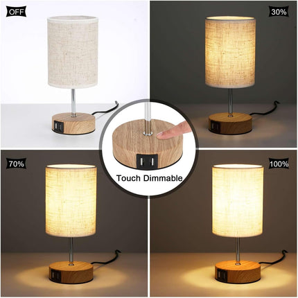 Lightess 2x Touch Bedside Lamps with USB, E14 Bulbs, Fabric Shade – Wood Round