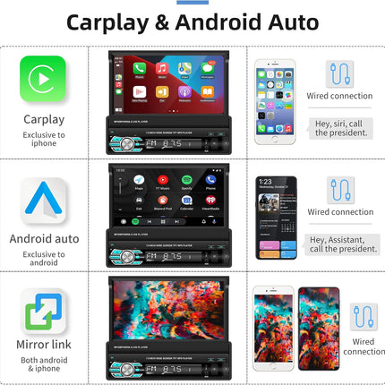 Single Din 7'' Touch Screen Car Stereo w/ CarPlay, Bluetooth, Android Auto, Camera