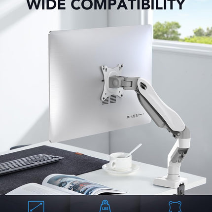 Single Monitor Arm 13 to 32 Inch Adjustable White Desk Mount VESA HUANUO