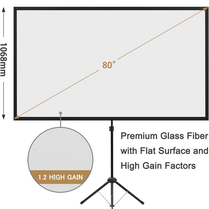 Projector Screen with Stand 80 Inch 16:9 Portable Outdoor Tripod excelimage