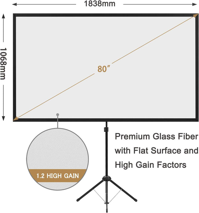 Projector Screen with Stand 80 Inch 16:9 Portable Outdoor Tripod excelimage