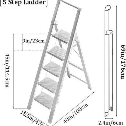 HBTower 5 Step Ladder, Aluminium, Handrails, Foldable, 150kg Capacity, White